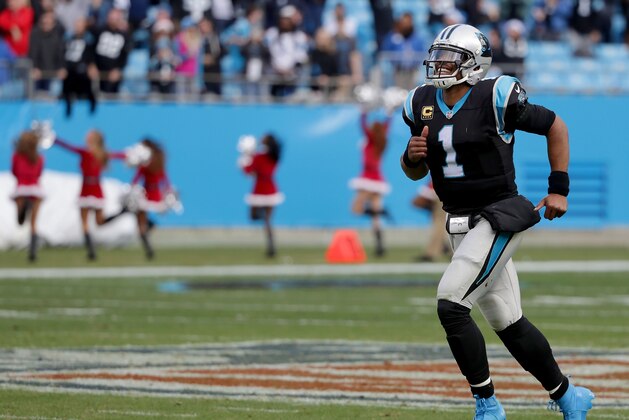 CHARLOTTE, NC - DECEMBER 24:  Cam Newton #1 of the Carolina Panthers reacts after a play against the Tampa Bay Buccaneers during their game at Bank of America Stadium on December 24, 2017 in Charlotte, North Carolina.  (Photo by Streeter Lecka/Getty Images)