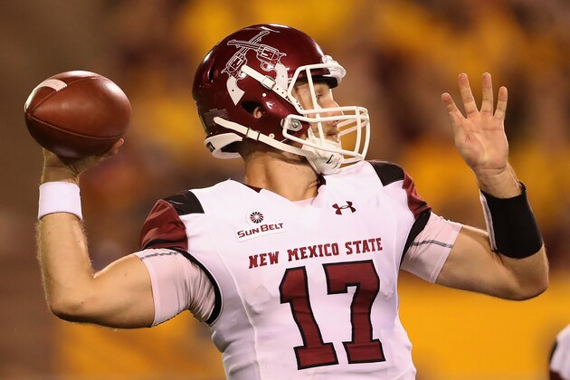 TEMPE, AZ - AUGUST 31:  Quarterback Tyler Rogers #17 of the New Mexico State Aggies throws a pass down field during the first half of the college football game against the Arizona State Sun Devils at Sun Devil Stadium on August 31, 2017 in Tempe, Arizona.  (Photo by Christian Petersen/Getty Images)