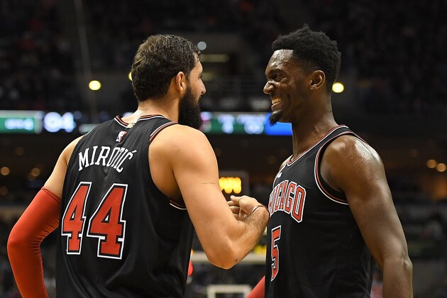 MILWAUKEE, WI - DECEMBER 26:  Bobby Portis #5 congratulates Nikola Mirotic #44 of the Chicago Bulls following a shot against the Milwaukee Bucks during the second half of a game at the Bradley Center on December 26, 2017 in Milwaukee, Wisconsin.  NOTE TO USER: User expressly acknowledges and agrees that, by downloading and or using this photograph, User is consenting to the terms and conditions of the Getty Images License Agreement.  (Photo by Stacy Revere/Getty Images)