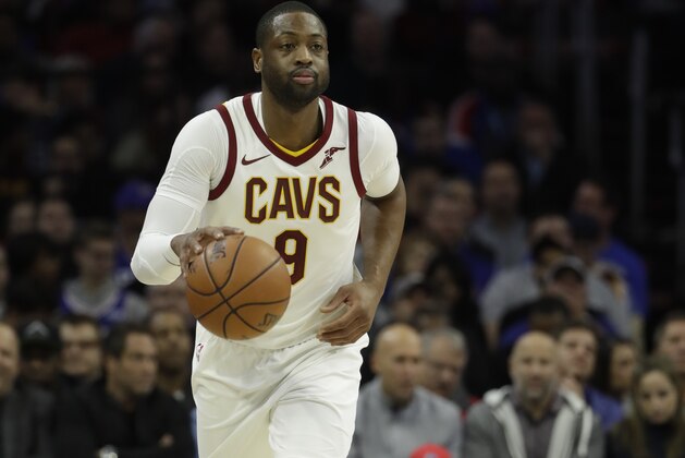Cleveland Cavaliers' Dwyane Wade in action during an NBA basketball game against the Philadelphia 76ers, Monday, Nov. 27, 2017, in Philadelphia. (AP Photo/Matt Slocum)