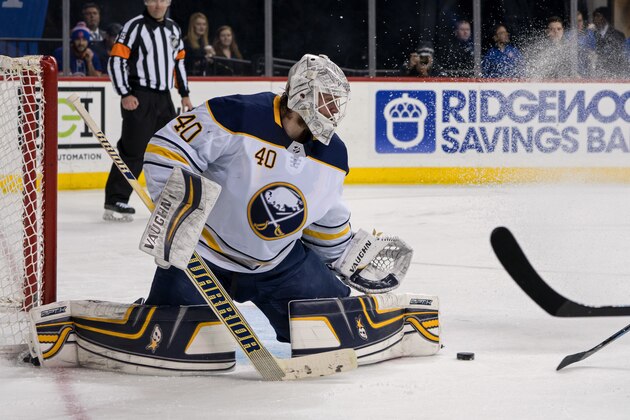 Buffalo Sabres' goalie Robin Lehner blocks a shot during the second period of an NHL hockey game against the New York Islanders, Wednesday, Dec. 27, 2017, in New York. (AP Photo/Craig Ruttle)