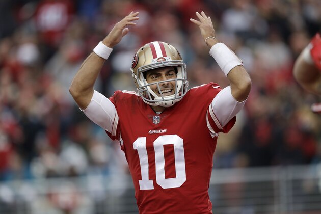 San Francisco 49ers quarterback Jimmy Garoppolo (10) celebrates during the second half of an NFL football game against the Jacksonville Jaguars in Santa Clara, Calif., Sunday, Dec. 24, 2017. (AP Photo/Marcio Jose Sanchez)