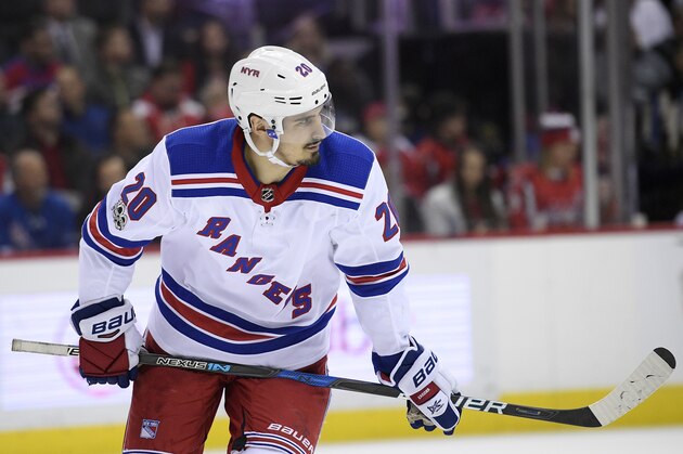 New York Rangers left wing Chris Kreider (20) looks on during the second period of an NHL hockey game against the Washington Capitals, Friday, Dec. 8, 2017, in Washington. (AP Photo/Nick Wass)