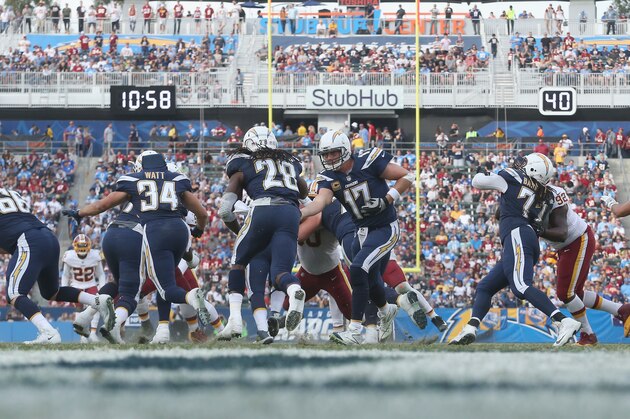 CARSON, CA - DECEMBER 10:  Quarterback Philip Rivers #17 of the Los Angeles Chargers hands off to running back Melvin Gordon #28 in the third quarter against the Washington Redskins  after their game on December 10, 2017 at StubHub Center in Carson, California.  The Chargers won 30-16.  (Photo by Stephen Dunn/Getty Images)