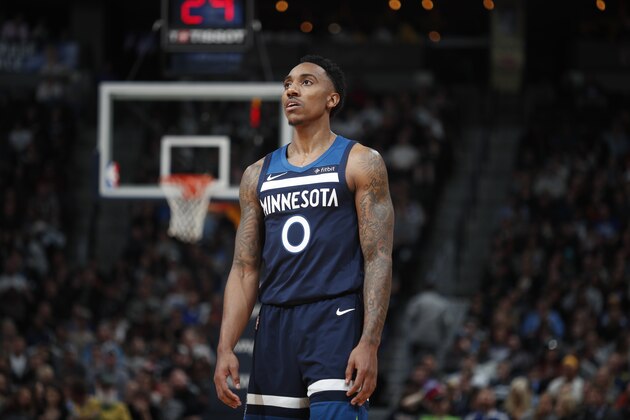 Minnesota Timberwolves guard Jeff Teague (0) in the second half of an NBA basketball game Wednesday, Dec. 20, 2017, in Denver. The Timberwolves won 112-104. (AP Photo/David Zalubowski)