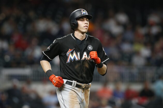 Miami Marlins' Christian Yelich walks in the seventh inning of a baseball game against the Atlanta Braves, Thursday, Sept. 7, 2017, in Atlanta. (AP Photo/Brett Davis)