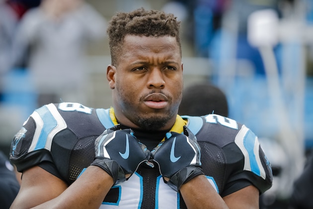 Carolina Panthers' Jonathan Stewart (28) before an NFL football game against the Tampa Bay Buccaneers in Charlotte, N.C., Sunday, Dec. 24, 2017. The Panthers won 22-19. (AP Photo/Bob Leverone)