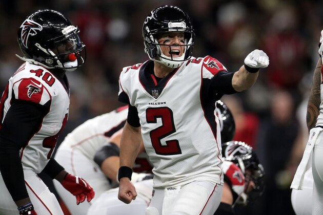 NEW ORLEANS, LA - DECEMBER 24:  Matt Ryan #2 of the Atlanta Falcons reacts durins the first half of a game against the New Orleans Saints at the Mercedes-Benz Superdome on December 24, 2017 in New Orleans, Louisiana.  (Photo by Chris Graythen/Getty Images)