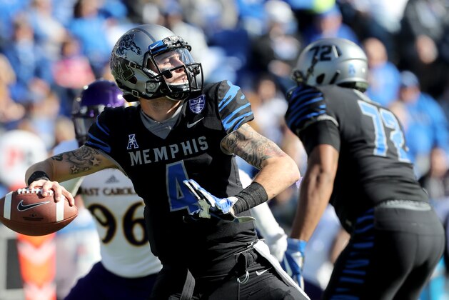 MEMPHIS, TN - NOVEMBER 25: Riley Ferguson #4 of the Memphis Tigers drops back to pass against the East Carolina Pirates on November 25, 2017 at Liberty Bowl Memorial Stadium in Memphis, Tennessee. (Photo by Joe Murphy/Getty Images)