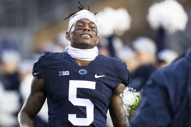 UNIVERSITY PARK, PA - NOVEMBER 18:  DaeSean Hamilton #5 of the Penn State Nittany Lions participates in a pregame ceremony honoring seniors before the game against the Nebraska Cornhuskers on November 18, 2017 at Beaver Stadium in University Park, Pennsylvania. Penn State defeats Nebraska 56-44.  (Photo by Brett Carlsen/Getty Images)