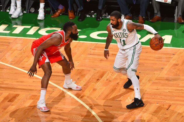 BOSTON, MA - DECEMBER 28 : Kyrie Irving #11 of the Boston Celtics controls the ball during the game against the Houston Rockets on December 28, 2017 at the TD Garden in Boston, Massachusetts. NOTE TO USER: User expressly acknowledges and agrees that, by downloading and or using this photograph, User is consenting to the terms and conditions of the Getty Images License Agreement. Mandatory Copyright Notice: Copyright 2017 NBAE (Photo by Jesse D. Garrabrant/NBAE via Getty Images)