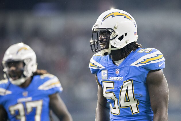 ARLINGTON, TX - NOVEMBER 23:  Melvin Ingram #54 of the Los Angeles Chargers on the field during a game against the Dallas Cowboys at AT&T Stadium on November 23, 2017 in Arlington, Texas.  The Chargers defeated the Cowboys 28-6.  (Photo by Wesley Hitt/Getty Images)