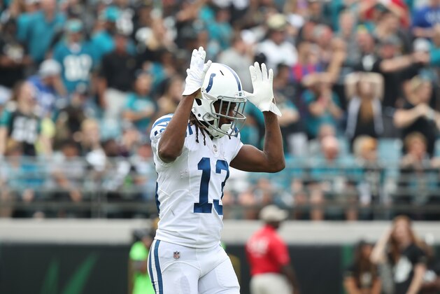 JACKSONVILLE, FL - DECEMBER 03:  T.Y. Hilton #13 of the Indianapolis Colts celebrates after a 40-yard touchdown in the second half of their game against the Jacksonville Jaguars at EverBank Field on December 3, 2017 in Jacksonville, Florida.  (Photo by Logan Bowles/Getty Images)