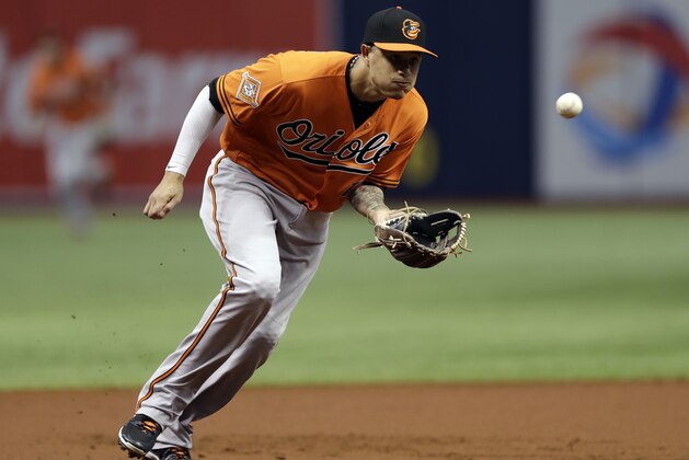 Baltimore Orioles third baseman Manny Machado fields a ground ball by Tampa Bay Rays' Wilson Ramos during the first inning of a baseball game Saturday, Sept. 30, 2017, in St. Petersburg, Fla. (AP Photo/Chris O'Meara)