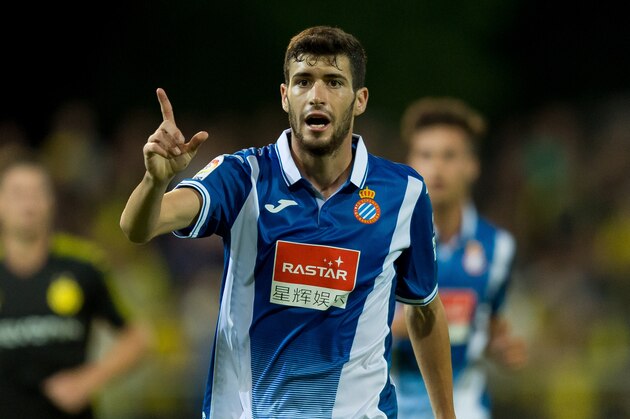 WINTERTHUR, SWITZERLAND - JULY 28: Aaron Caricol Martin of Espanyol Barcelona gestures during a friendly match between Espanyol Barcelona and Borussia Dortmund as part of the training camp on July 28, 2017 in Winterthur, Switzerland. (Photo by TF-Images/TF-Images via Getty Images)