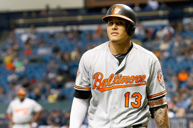 ST. PETERSBURG, FL - OCTOBER 1: Manny Machado #13 of the Baltimore Orioles walks back to the dugout after striking out during the game against the Tampa Bay Rays at Tropicana Field on October 1, 2017 in St. Petersburg, Florida. (Photo by Joseph Garnett Jr./Getty Images)