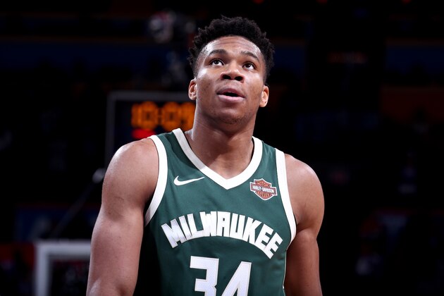 OKLAHOMA CITY, OK- DECEMBER 29, 2017:   Giannis Antetokounmpo #34 of the Milwaukee Bucks looks on during the game against the Oklahoma City Thunder on December 29, 2017 at Chesapeake Energy Arena in Oklahoma City, Oklahoma. NOTE TO USER: User expressly acknowledges and agrees that, by downloading and or using this photograph, User is consenting to the terms and conditions of the Getty Images License Agreement. Mandatory Copyright Notice: Copyright 2017 NBAE (Photo by Nathaniel S. Butler/NBAE via Getty Images)
