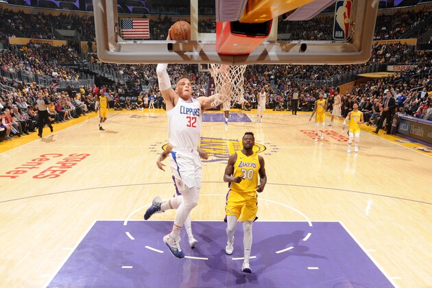 LOS ANGELES, CA - DECEMBER 29: Blake Griffin #32 of the LA Clippers dunks against the Los Angeles Lakers on December 29, 2017 at STAPLES Center in Los Angeles, California. NOTE TO USER: User expressly acknowledges and agrees that, by downloading and/or using this Photograph, user is consenting to the terms and conditions of the Getty Images License Agreement. Mandatory Copyright Notice: Copyright 2017 NBAE (Photo by Andrew D. Bernstein/NBAE via Getty Images)