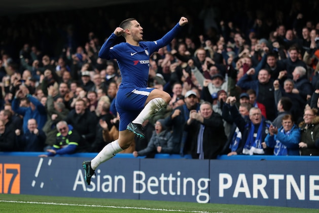 LONDON, ENGLAND - DECEMBER 02: Eden Hazard of Chelsea celebrates after scoring a goal to make it 1-1 during the Premier League match between Chelsea and Newcastle United at Stamford Bridge on December 2, 2017 in London, England. (Photo by James Baylis - AMA/Getty Images)