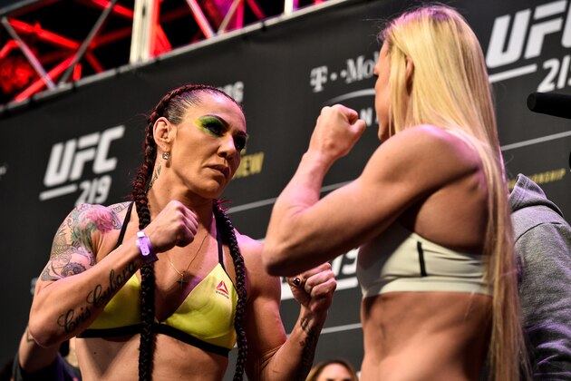 LAS VEGAS, NV - DECEMBER 29:  (L-R) Cris Cyborg of Brazil and Holly Holm face off during the UFC 219 weigh-in inside T-Mobile Arena on December 29, 2017 in Las Vegas, Nevada. (Photo by Brandon Magnus/Zuffa LLC/Zuffa LLC via Getty Images)
