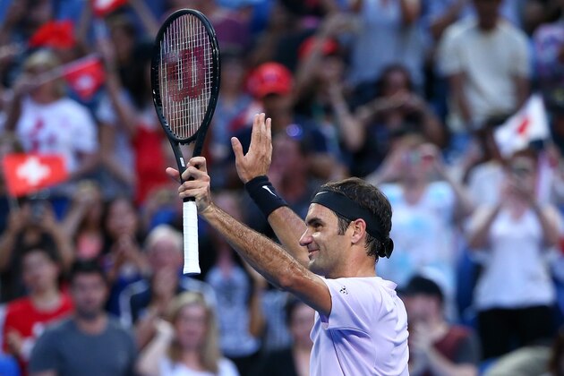 PERTH, AUSTRALIA - DECEMBER 30:  Roger Federer of Switzerland celebrates winning his 2018 Hopman Cup match against Yuichi Sugita of Japan at Perth Arena on December 30, 2017 in Perth, Australia.  (Photo by Paul Kane/Getty Images)