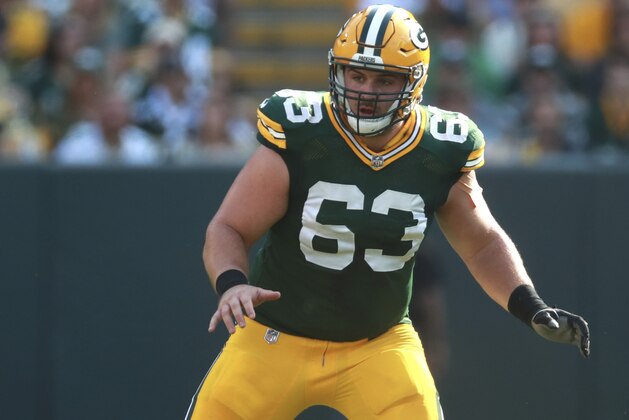 Green Bay Packers center Corey Linsley (63) sets to block against Seattle Seahawks during an NFL football game on Sunday, Sept. 10, 2017, in Green Bay, Wis. (Jeff Haynes/AP Images for Panini)