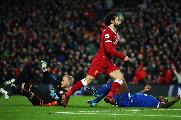 LIVERPOOL, ENGLAND - DECEMBER 30:  Mohamed Salah of Liverpool celebrates scoring his team's second goal during the Premier League match between Liverpool and Leicester City at Anfield on December 30, 2017 in Liverpool, England.  (Photo by Clive Brunskill/Getty Images)