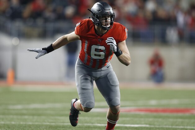 Ohio State defensive end Sam Hubbard is seen against Nebraska during an NCAA college football game Saturday, Nov. 5, 2016, in Columbus, Ohio. Ohio State won 62-3. (AP Photo/Paul Vernon)