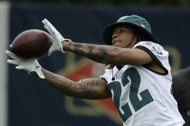 Philadelphia Eagles cornerback Sidney Jones catches a pass during an NFL football training camp in Philadelphia, Monday, July 24, 2017. (AP Photo/Matt Rourke)