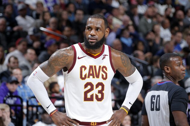 SACRAMENTO, CA - DECEMBER 27:  LeBron James #23 of the Cleveland Cavaliers looks on during the game against the Sacramento Kings on December 27, 2017 at Golden 1 Center in Sacramento, California. NOTE TO USER: User expressly acknowledges and agrees that, by downloading and or using this Photograph, user is consenting to the terms and conditions of the Getty Images License Agreement. Mandatory Copyright Notice: Copyright 2017 NBAE (Photo by Rocky Widner/NBAE via Getty Images)