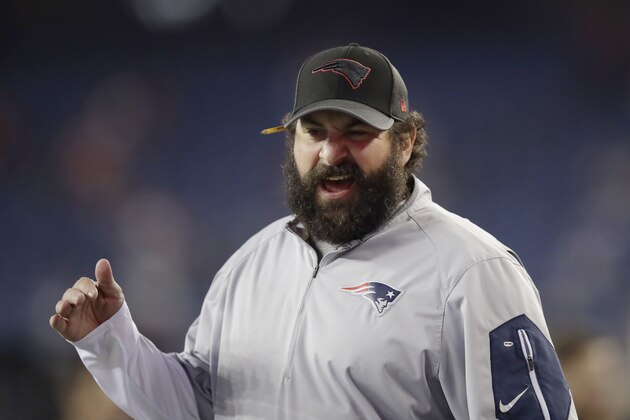 New England Patriots defensive coordinator Matt Patricia talks to players as they warm up before an NFL football game against the Atlanta Falcons, Sunday, Oct. 22, 2017, in Foxborough, Mass. (AP Photo/Charles Krupa)