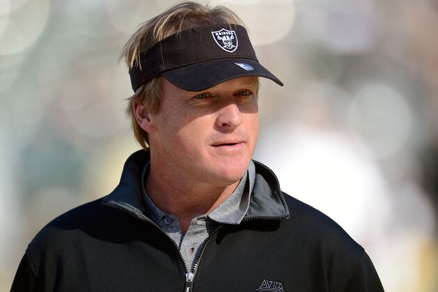 OAKLAND, CA - NOVEMBER 18:  Former head coach of the Oakland Raiders and now ESPN Monday Night Football Analyst Jon Gruden looks on during pre-game warm ups before an NFL football game between the New Orleans Saints and Oakland Raiders at O.co Coliseum on November 18, 2012 in Oakland, California.  (Photo by Thearon W. Henderson/Getty Images)