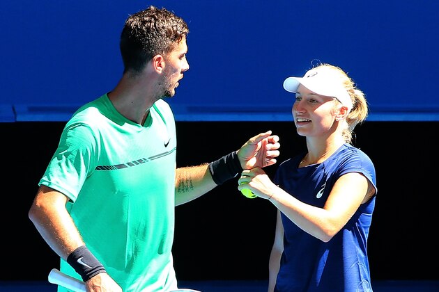 PERTH, AUSTRALIA - DECEMBER 31:  Thanasi Kokkinakis and Daria Gavrilova of Australia celebrates a point in their mixed doubles match against Eugenie Bouchard and Vasek Pospisil of Canada on day 2 of the 2018 Hopman Cup at Perth Arena on December 31, 2017 in Perth, Australia.  (Photo by Paul Kane/Getty Images)