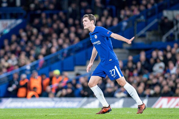 LONDON,ENGLAND - DECEMBER 05: Chelsea (27) Andreas Christensen during the UEFA Champions League group C match between Chelsea FC and Atletico Madrid at Stamford Bridge on December 5, 2017 in London, United Kingdom.  'n( Photo by Sebastian Frej / MB Media )