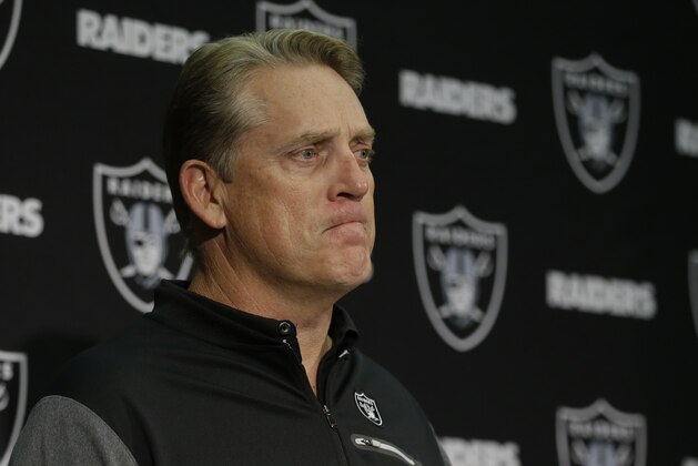 Oakland Raiders head coach Jack Del Rio speaks at a news conference after an NFL football game against the New York Giants in Oakland, Calif., Sunday, Dec. 3, 2017. (AP Photo/Ben Margot)