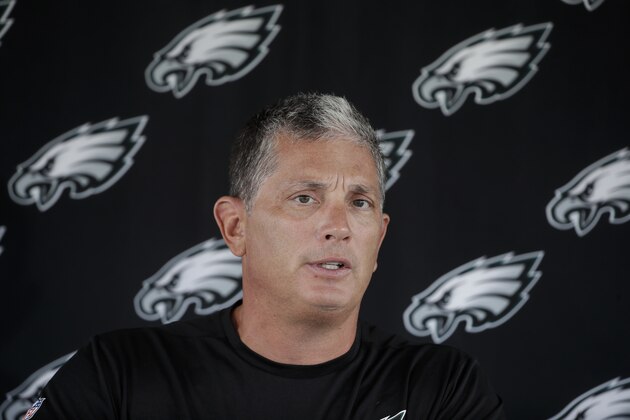 Philadelphia Eagles Defensive Coordinator Jim Schwartz speaks with members of the media during an NFL football training camp in Philadelphia, Tuesday, July 25, 2017. (AP Photo/Matt Rourke)