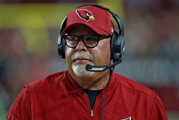 Arizona Cardinals head coach Bruce Arians watches during the second half of an NFL football game against the Jacksonville Jaguars, Sunday, Nov. 26, 2017, in Glendale, Ariz. (AP Photo/Ross D. Franklin)