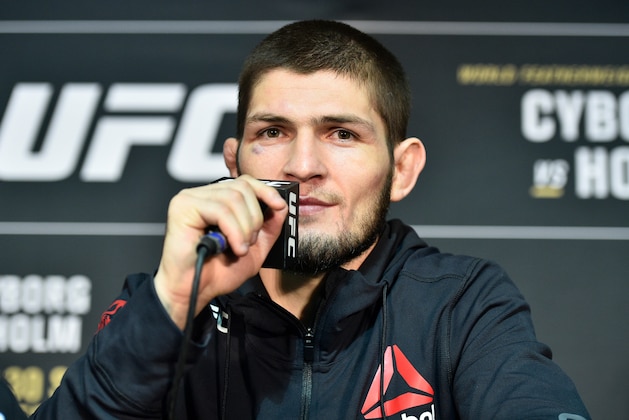 LAS VEGAS, NV - DECEMBER 30:  Khabib Nurmagomedov of Russia speaks to the media after the UFC 219 event inside T-Mobile Arena on December 30, 2017 in Las Vegas, Nevada. (Photo by Brandon Magnus/Zuffa LLC/Zuffa LLC via Getty Images)
