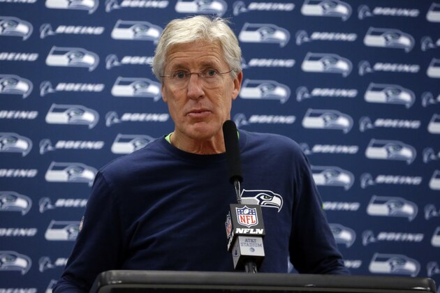 Seattle Seahawks head coach Pete Carroll responds to a reporters question during a news conference after an NFL football game against the Dallas Cowboys on Sunday, Dec. 24, 2017, in Arlington, Texas. (AP Photo/Michael Ainsworth)