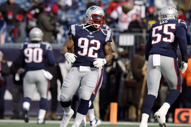New England Patriots linebacker James Harrison (92) warms up before an NFL football game against the New York Jets, Sunday, Dec. 31, 2017, in Foxborough, Mass. (AP Photo/Charles Krupa)