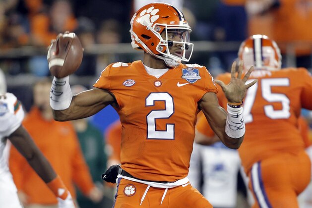 Clemson's Kelly Bryant (2) looks to pass against Miami during the first half of the Atlantic Coast Conference championship NCAA college football game in Charlotte, N.C., Saturday, Dec. 2, 2017. (AP Photo/Bob Leverone)
