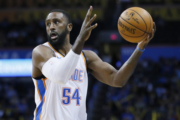 Oklahoma City Thunder forward Patrick Patterson (54) in the third quarter of an NBA basketball game against th Chicago Bulls in Oklahoma City, Wednesday, Nov. 15, 2017. Oklahoma City won 92-79. (AP Photo/Sue Ogrocki)
