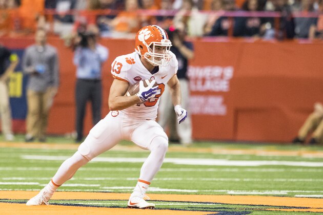 SYRACUSE, NY - OCTOBER 13:  Hunter Renfrow #13 of the Clemson Tigers carries the ball during the first half against the Syracuse Orange at the Carrier Dome on October 13, 2017 in Syracuse, New York. Syracuse defeats Clemson 27-24.  (Photo by Brett Carlsen/Getty Images)
