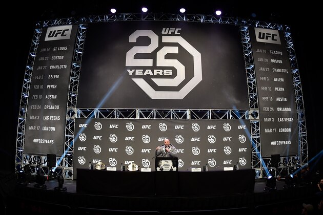 LAS VEGAS, NV - DECEMBER 29:  UFC president Dana White hosts the UFC 220 press conference inside T-Mobile Arena on December 29, 2017 in Las Vegas, Nevada. (Photo by Jeff Bottari/Zuffa LLC/Zuffa LLC via Getty Images)