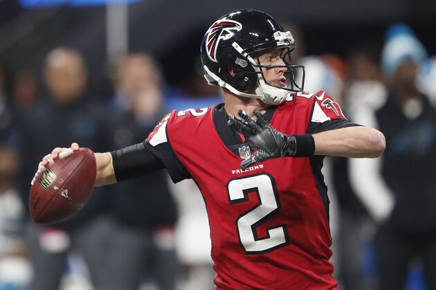 Atlanta Falcons quarterback Matt Ryan (2) works against the Carolina Panthers during the second half of an NFL football game, Sunday, Dec. 31, 2017, in Atlanta. (AP Photo/John Bazemore)