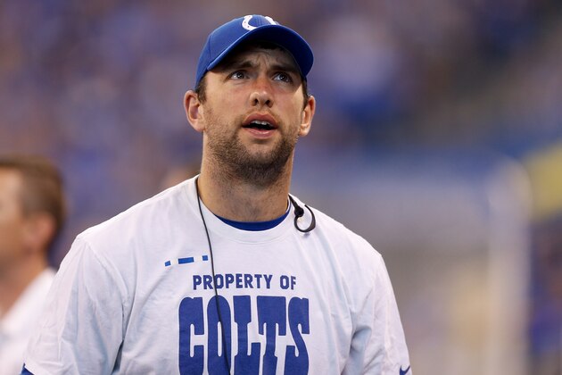 INDIANAPOLIS, IN - SEPTEMBER 17:  Andrew Luck #12 of the Indianapolis Colts looks on from the sideline against the Arizona Cardinals at Lucas Oil Stadium on September 17, 2017 in Indianapolis, Indiana.  (Photo by Michael Reaves/Getty Images)