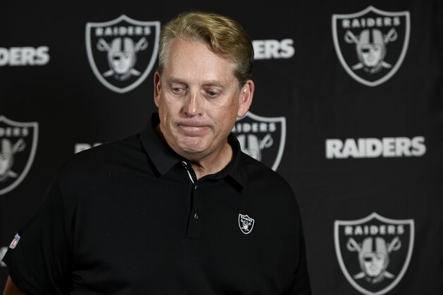 Oakland Raiders head coach Jack Del Rio reacts during a news conference after an NFL football game against the Los Angeles Chargers, Sunday, Dec. 31, 2017, in Carson, Calif. (AP Photo/Kelvin Kuo)