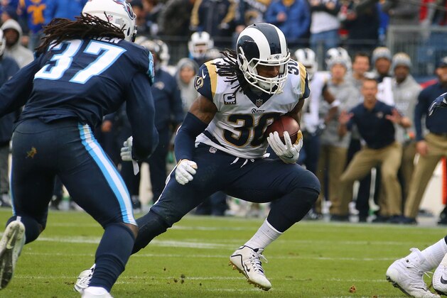 NASHVILLE, TN - DECEMBER 24:  Todd Gurley II #30 of the Los Angeles Rams plays against the Tennessee Titans at Nissan Stadium on December 24, 2017 in Nashville, Tennessee.  (Photo by Frederick Breedon/Getty Images)