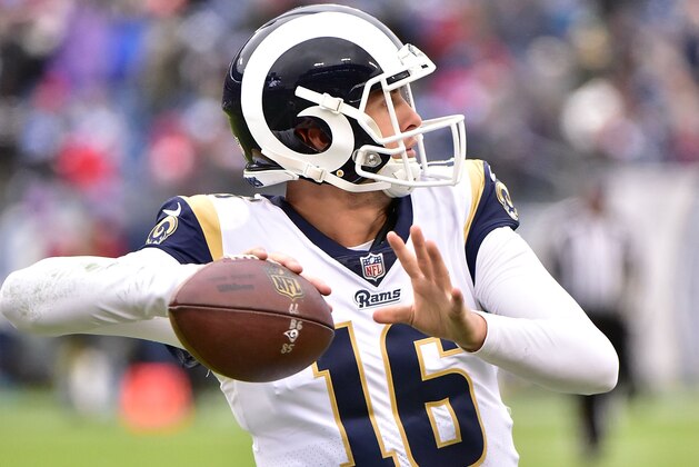 NASHVILLE, TN - DECEMBER 24:  Quarterback Jared Goff #16 of the Los Angeles Rams plays warms up prior to a game the Tennessee Titans at Nissan Stadium on December 24, 2017 in Nashville, Tennessee.  (Photo by Frederick Breedon/Getty Images)