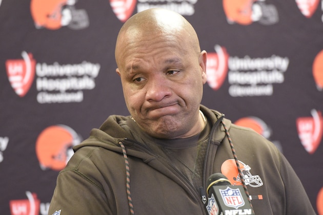 Cleveland Browns head coach Hue Jackson attends a post-game meeting with reporters following an NFL football game against the Pittsburgh Steelers in Pittsburgh, Sunday, Dec. 31, 2017. The Steelers won 28-24. (AP Photo/Don Wright)